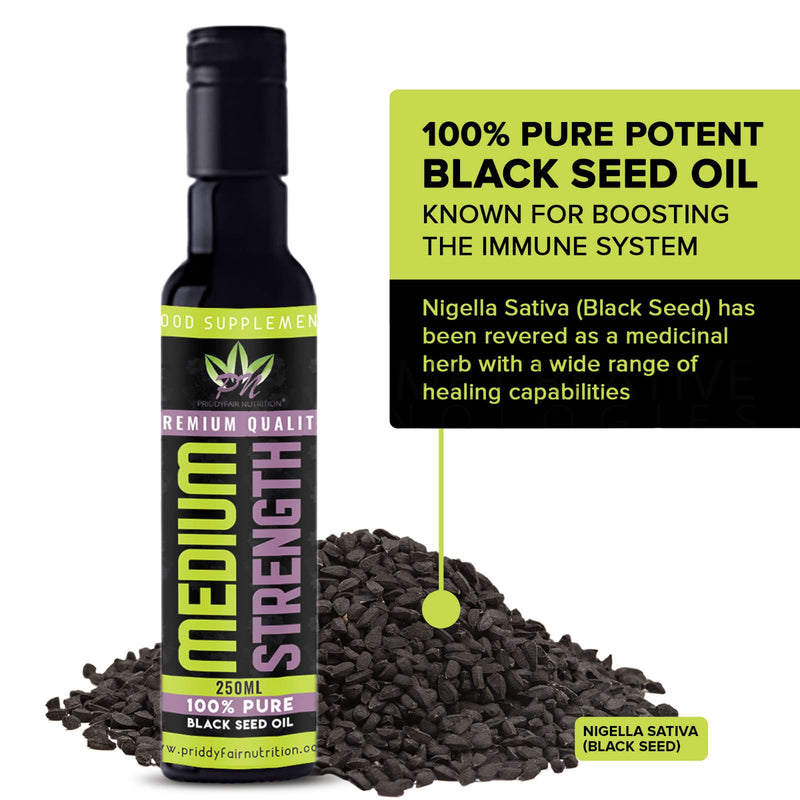 Black Seed Oil Nigella Sativa Cold pressed MEDIUM STRENGTH 100% Pure Comes with a Free sachet of Raw Wild Forest Honey Free Delivery